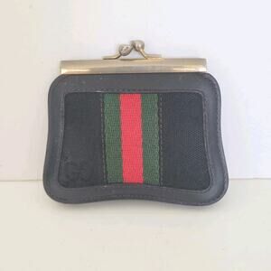GUCCI Vintage GG Cherry Line Kisslock Leather Compact Wallet Coin Purse Black